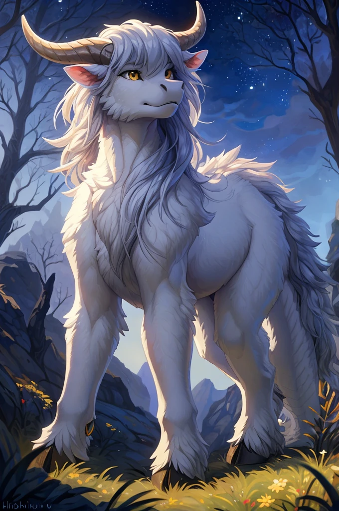 ultra-detailed, masterpiece, masterwork, high quality, best quality, hdr, (nature, night), posted on e621, (by hioshiru), nsfw, male, solo, (white body minotaur), hairy dragon, (foreskin, perfect balls), (long silver hair, yellow eyes), sitting, from below, dynamic angle, (white fat body)