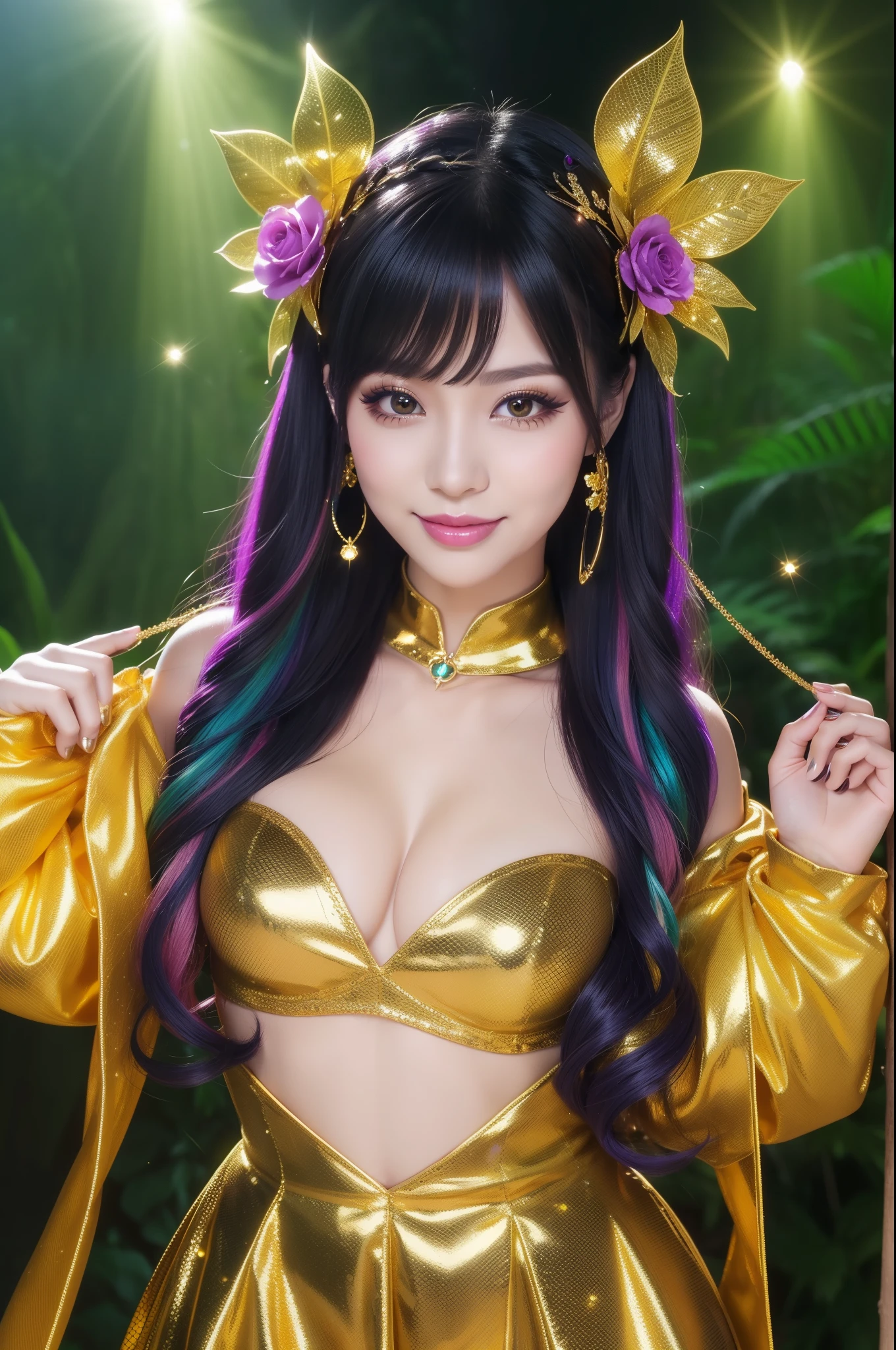 sexy golden princess who controls poison、beautiful smile、lipgloss、long lashes、smokey eye-makeup、look at the camera、full body Esbian、、sparkling poisoned flower costume、、、、shiny sparkling multicolor hair、secrete poison、skull hair accessories、fishnet tights、shiny sparkling dark magic forest background