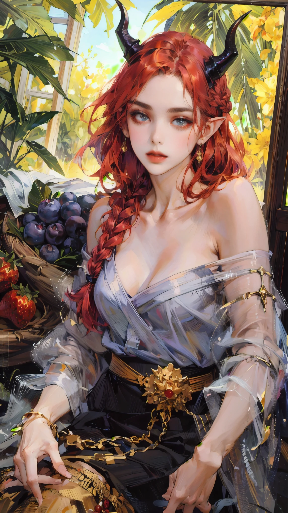 Pine three,river ,forest ,((horns on head,horns)) (Fechin Oil Painting - Fechin Oil Painting , oil painted), 03, elf ears (absurdres, highres, ultra detailed) red hair,(braids hair), photojournalism, documentary photography, visual storytelling, capturing moments, historical records, social commentary, powerful imagery, mosaic art, small pieces, colorful tesserae, intricate patterns, tiled designs, durable surfaces, time-honored techniques,golden eyes,glowing eyes,ineresting pose,big tits,vivid colors ,vibrant colors, tavern, food , sky clouds, sunrise, waterfall,forest , fruits , berriess Acai berries.Blueberries.Blackberries.Goji berries.Elderberries.Cranberries.Raspberries.(Strawberries)