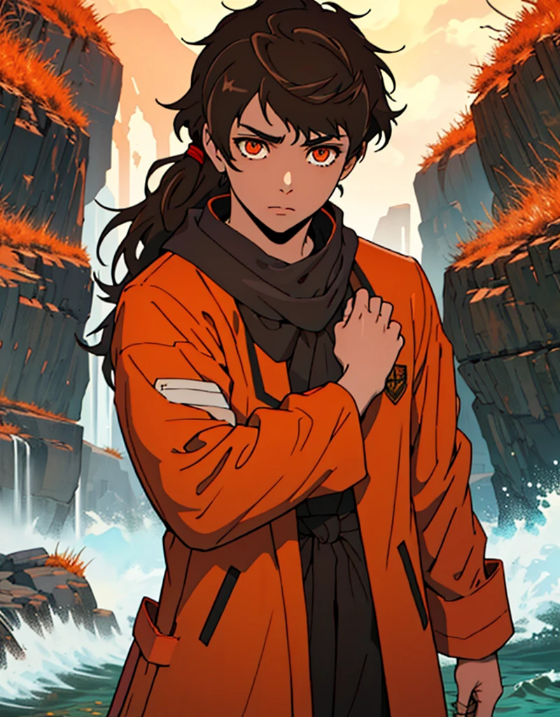 Masterpiece, Best quality, high quality, 1 man, 20 years old, One, athletic body and white skin, male focus, Looking at the viewer, upper body, long brown hair (tied hair) and long bangs, orange eyes, black closed coat with blood drops, fire and water mania around it