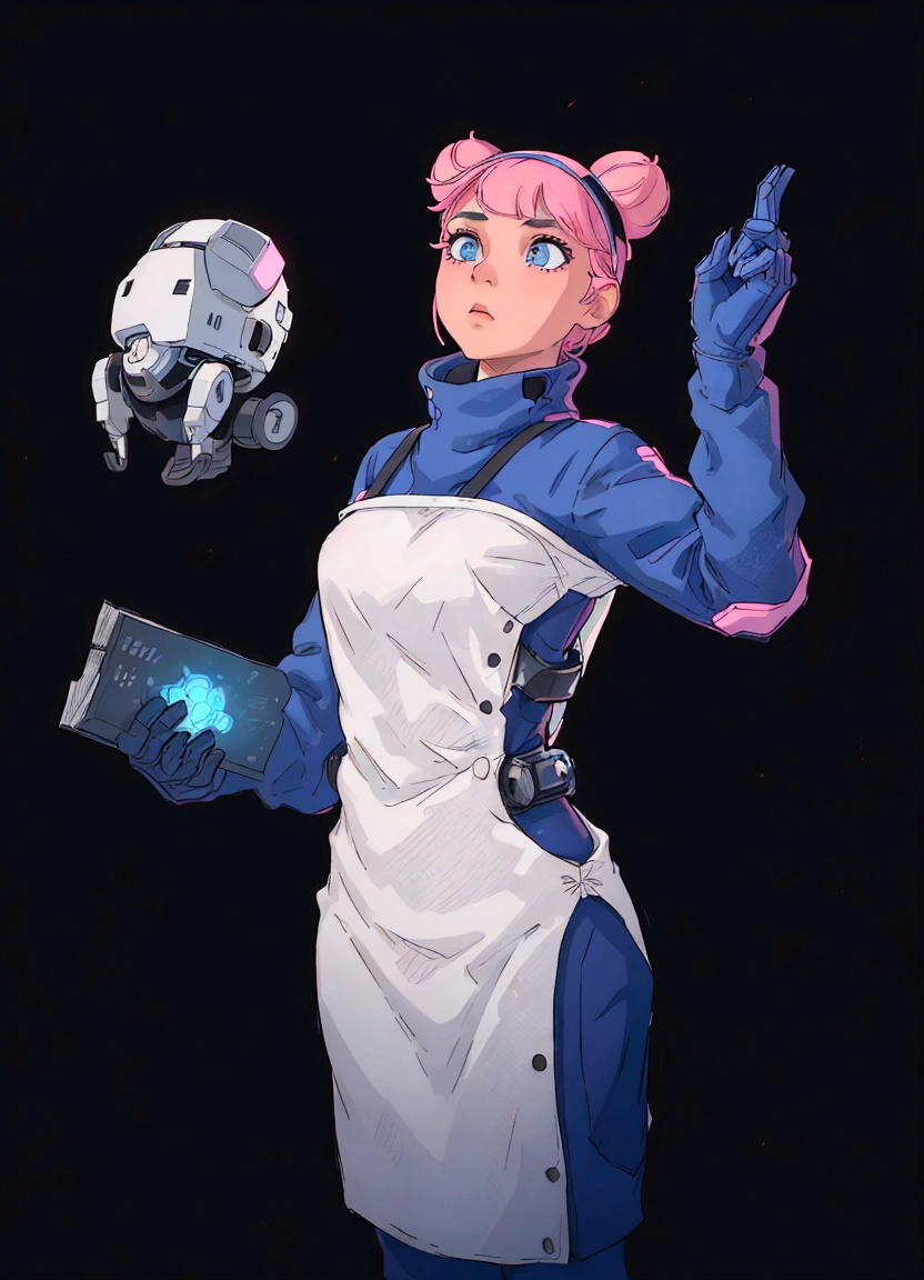 In the center of a black void, a young woman stands confidently. Her attire is a blend of futuristic and casual, with a white dress that contrasts against her blue gloves. A pink headband adds a pop of color to her ensemble. She holds a small robot in one hand and a book in the other, suggesting she might be an inventor or a student of technology. Her gaze is directed towards something outside the frame, perhaps indicating anticipation or focus on a task at hand.