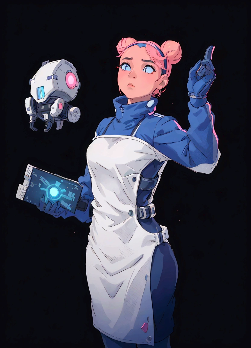 In the center of a black void, a young woman stands confidently. Her attire is a blend of futuristic and casual, with a white dress that contrasts against her blue gloves. A pink headband adds a pop of color to her ensemble. She holds a small robot in one hand and a book in the other, suggesting she might be an inventor or a student of technology. Her gaze is directed towards something outside the frame, perhaps indicating anticipation or focus on a task at hand.