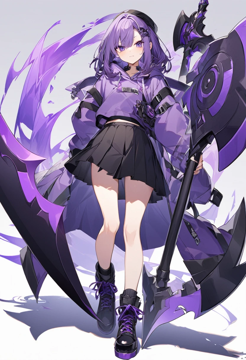 Keito。Purple Eyes。Purple Hair。Purple hoodie。Black Skirt。Black shoes下。Black shoes。Purple big axe