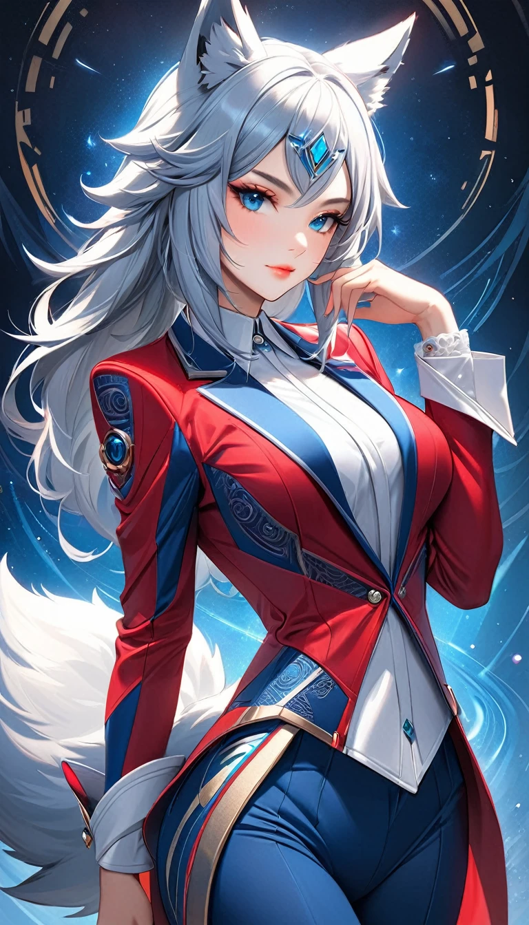 A stunningly detailed (((semi realistic digital art piece))) inspired by the concept of High tech fantasy, featuring a (((anthro wolf goddess))) dressed in a sleek, red and blue power suit, poised in a confident pose, with a (((wolf tail))), exuding an air of sophistication and power, her face framed by an intricate, detailed suit, suggesting a playful, loving stance, as if to express the sentiment of being iridescently beautiful