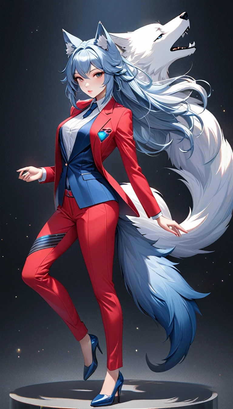 A stunningly detailed (((semi realistic digital art piece))) inspired by the concept of High tech fantasy, featuring a (((anthro wolf goddess))) dressed in a sleek, red and blue power suit, poised in a confident pose, with a (((wolf tail))), exuding an air of sophistication and power, her face framed by an intricate, detailed suit, suggesting a playful, loving stance, as if to express the sentiment of being iridescently beautiful