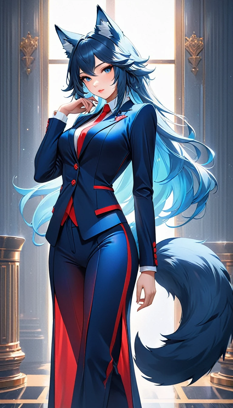 A stunningly detailed (((semi realistic digital art piece))) inspired by the concept of High tech fantasy, featuring a (((anthro wolf goddess))) dressed in a sleek, red and blue power suit, poised in a confident pose, with a (((wolf tail))), exuding an air of sophistication and power, her face framed by an intricate, detailed suit, suggesting a playful, loving stance, as if to express the sentiment of being iridescently beautiful