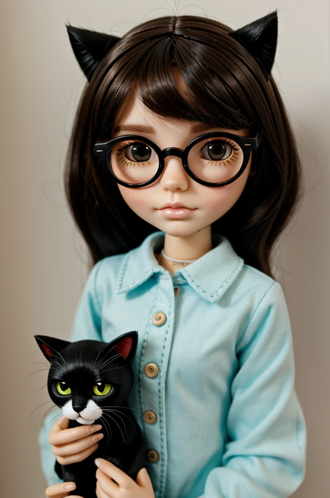 Blythe doll with black hair brown eyes cat glasses and freckles light skin