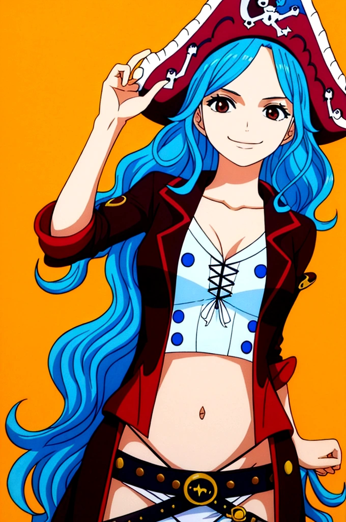 young woman, blue wavy hair, brown eyes, wearing pirate clothes, smiling