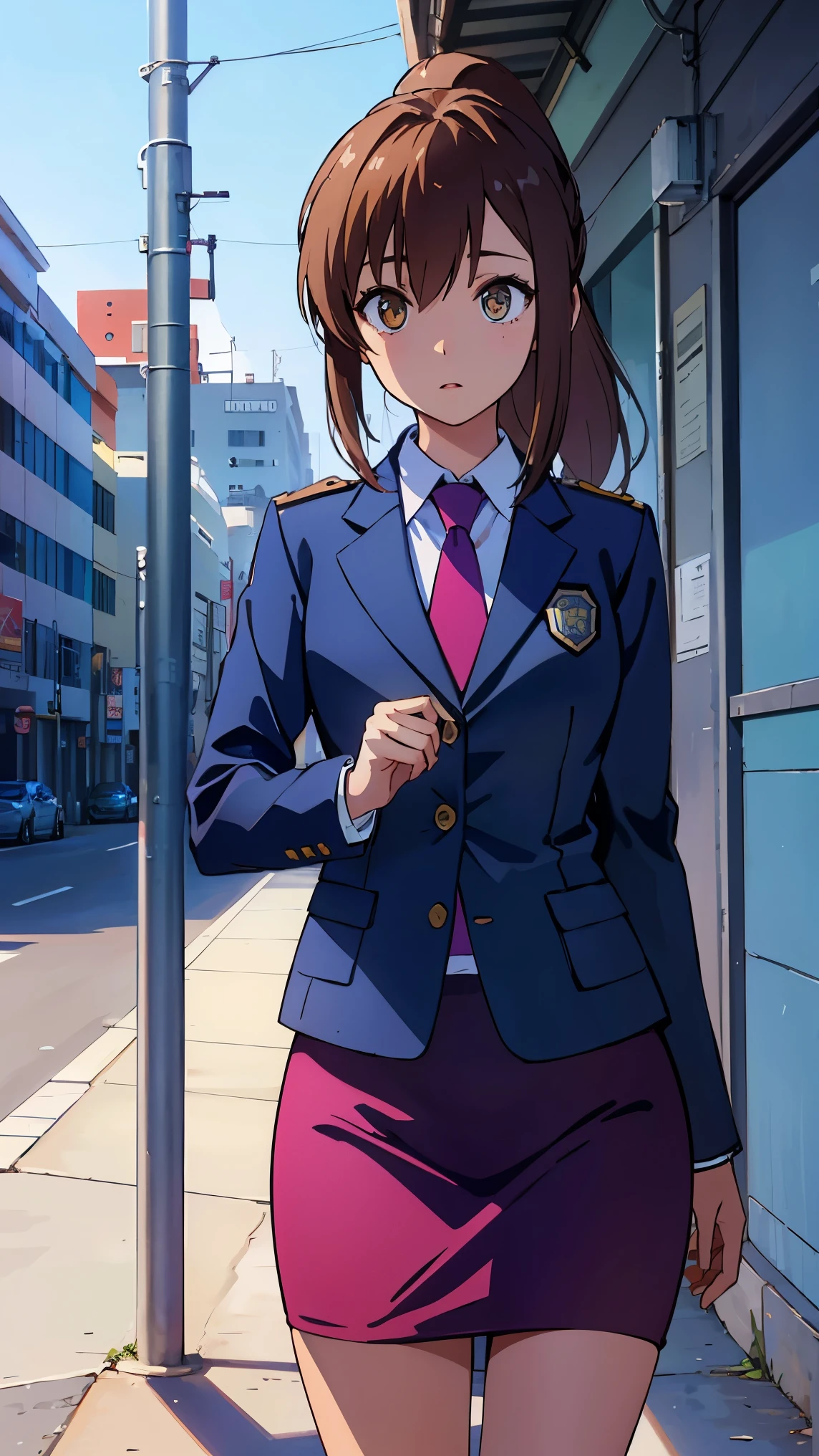 an1, brown eyes, ponytail, 
BREAK (police uniform, jacket, pencil skirt, blue necktie:1.2),
BREAK street, standing,
BREAK (masterpiece:1.2), best quality, high resolution, unity 8k wallpaper, (illustration:0.8), (beautiful detailed eyes:1.6), extremely detailed face, perfect lighting, extremely detailed CG, (perfect hands, perfect anatomy),