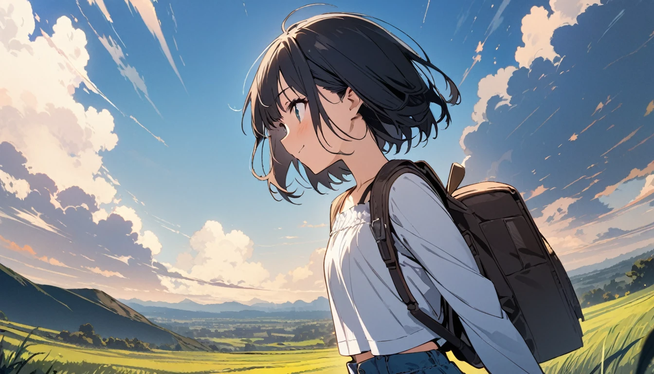 1girl, solo, gentle smile on her face flat chest, short hair, black hair, upper body, ((masterpiece, illustration, best quality)) ((best quality)), ((masterpiece)), background: Vast sky, beautiful skyline, large grassland, strong tension and dramatic picture, moving visual effects, hanging North Star, colorful natural light. Long sleeve top, denim shorts, women with backpack on his back.