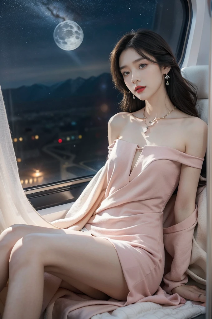 (((best quality))),(((ultra detailed))),(((masterpiece))),illustration,(a beautiful girl,female passenger,solo),(parted red lips),((slim,thin,small breasts,flat chest)),((earrings,crystal necklace)),(slender legs:1.2),summer night,((in airplane,economy class,indoor)),(blanket over shoulders:1.3),((dress)),(shoulder length straight bob hair:1.2),stars,moonlight,smooth flight,engine sound,lullaby,relaxed,excited,laughing,visiting family,comfortable seats,soft fabric,headrests,adjustable,beauty of night sky,dimmed lights,sleeping passengers,movies,personal screens,staying awake,magic of sky,joy of being with family,memorable journey,adventures,(surrounded by crowded crowds:1.3),(Outside the window is high-altitude night view:1.2),((sitting,from front,full body)),(arms behind back:1.3),(spread legs apart:1.3)