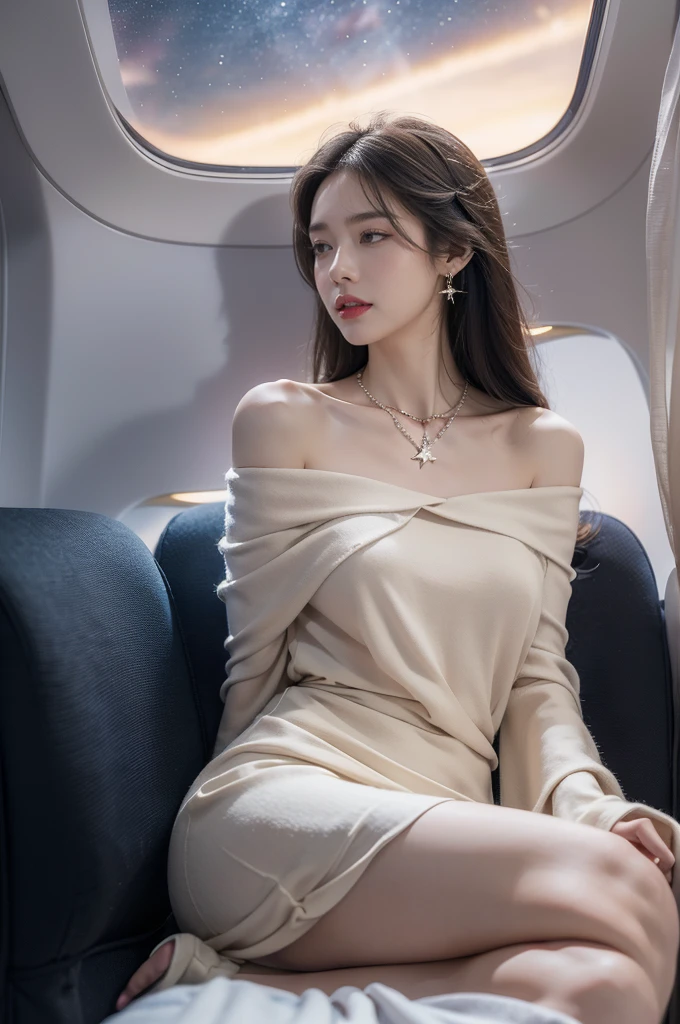 (((best quality))),(((ultra detailed))),(((masterpiece))),illustration,(a beautiful girl,female passenger,solo),(parted red lips),((slim,thin,small breasts,flat chest)),((earrings,crystal necklace)),(slender legs:1.2),summer night,((in airplane,economy class,indoor)),(blanket over shoulders:1.3),((dress)),(shoulder length straight bob hair:1.2),stars,moonlight,smooth flight,engine sound,lullaby,relaxed,excited,laughing,visiting family,comfortable seats,soft fabric,headrests,adjustable,beauty of night sky,dimmed lights,sleeping passengers,movies,personal screens,staying awake,magic of sky,joy of being with family,memorable journey,adventures,(surrounded by crowded crowds:1.3),(Outside the window is high-altitude night view:1.2),((sitting,from front,full body)),(arms behind back:1.3),(spread legs apart:1.3)