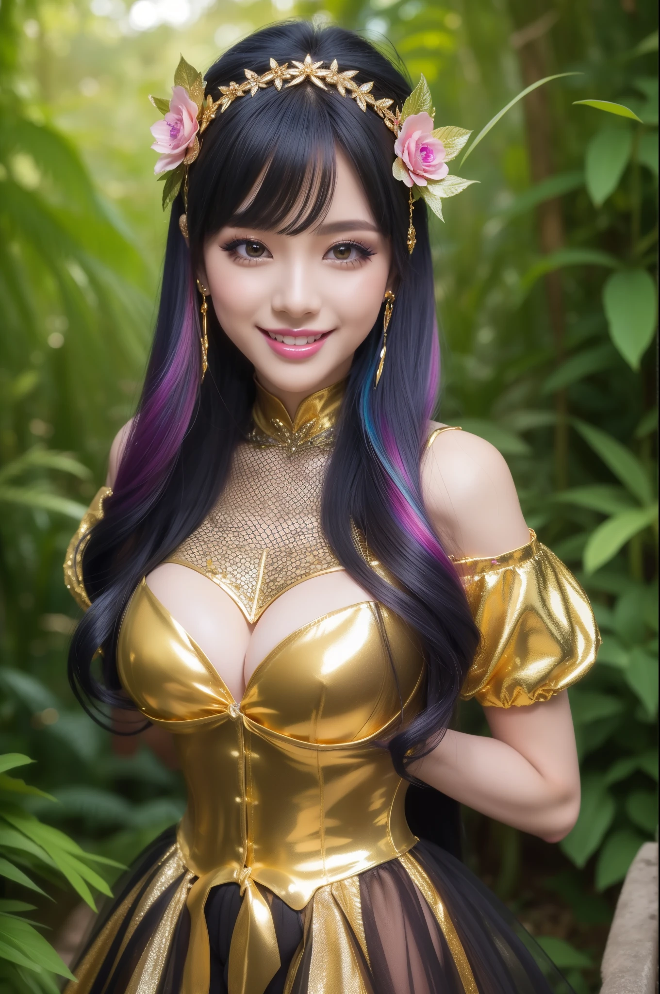 sexy golden princess who controls poison、beautiful smile、lipgloss、long lashes、smokey eye-makeup、look at the camera、full body Esbian、、sparkling poisoned flower costume、、、、shiny sparkling multicolor hair、secrete poison、skull hair accessories、fishnet tights、shiny sparkling dark magic forest background