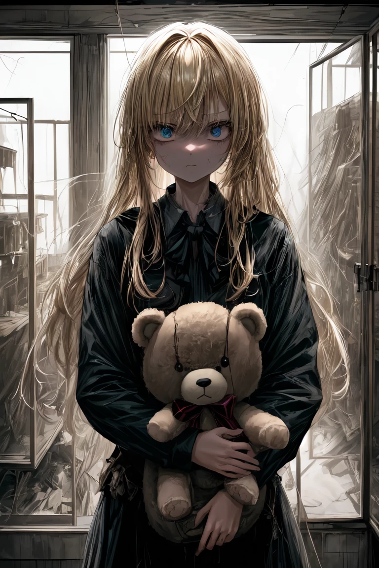 (high qualiy) (4K) (best qualityer) 1girl, blonde hair (cowboy_injection:1.2), Facial Focus, long hair, fringe Side locks, scared,(terrifed:1.1) expression, holding teddy bear, Atmospheric Illumination, Moody, darkeness, in an old abandoned museum, clear glass showcases full of interesting objects, dusty, post-apocalypse, Cobwebs, superb, Beautiful 8k Wallpaper, extremely detaild, intrikate