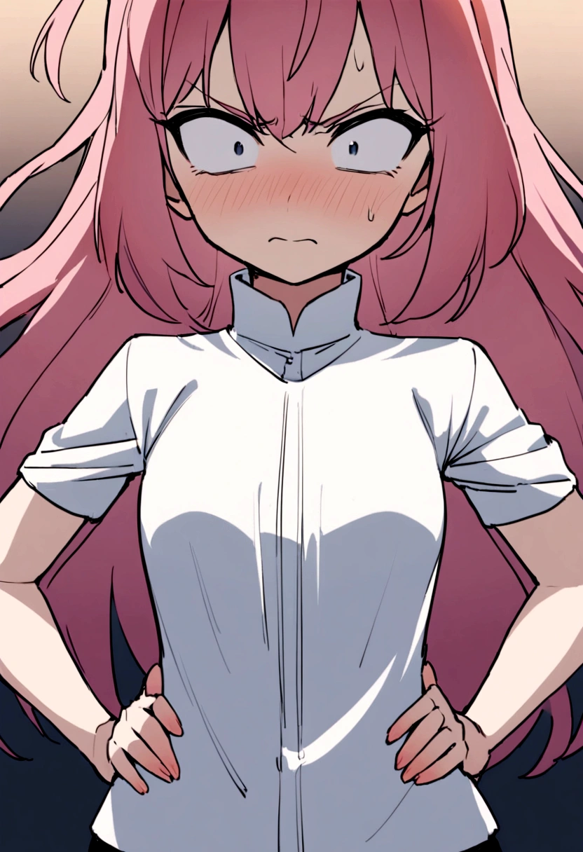 A city girl with pink hair、Middle wind、abuse、Get angry、Hands on hips、Upper body close-up