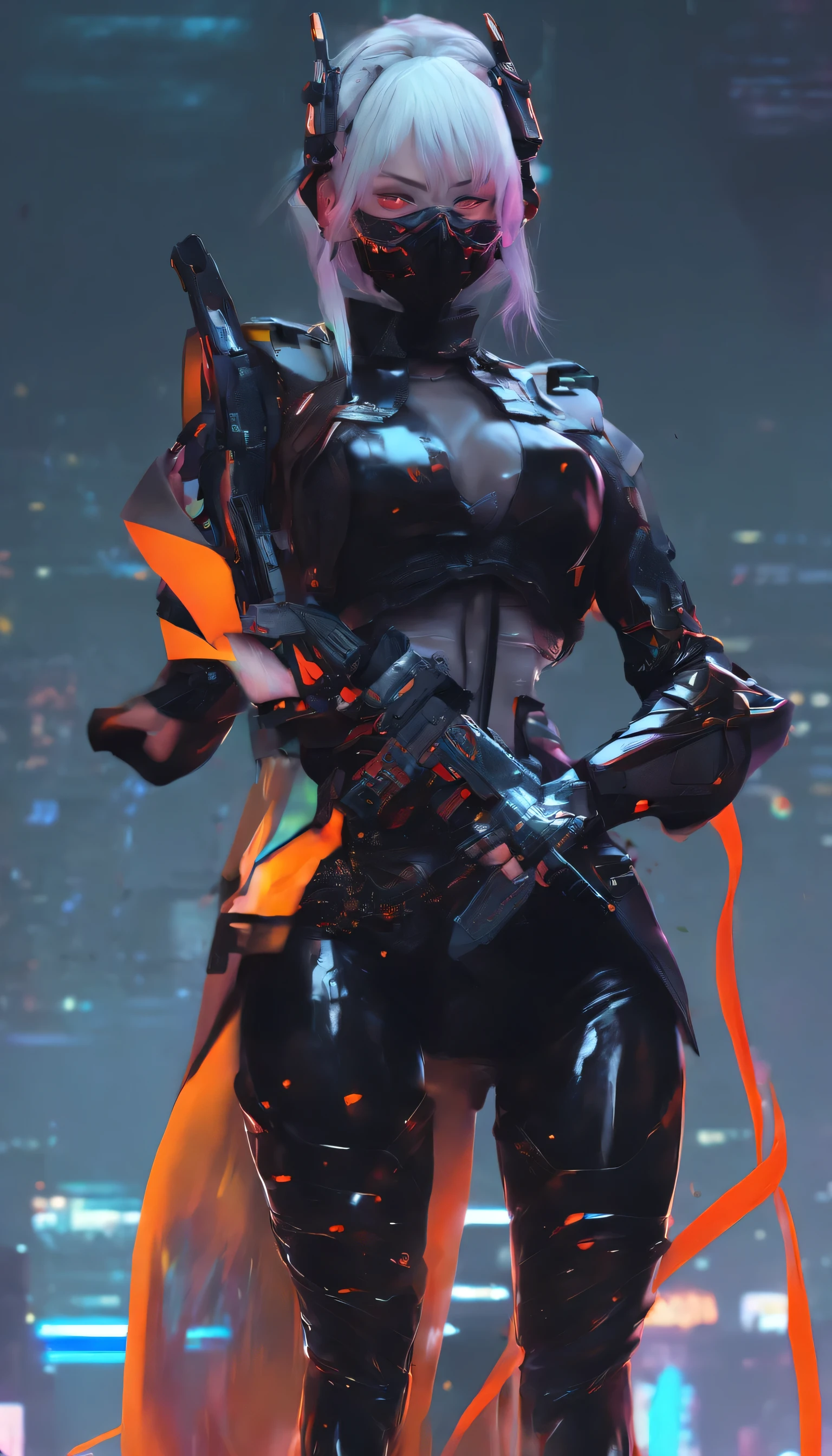 Sateen，the night，ember，Smile mask，coat large，Fighting posture，holding gun. Hyperrealistic version of a woman kneeling down with a sword in her hand, very beautiful cyberpunk samurai, anime cyberpunk art, cyberpunk samurai, cyberpunk anime art, anime cyberpunk, cgsociety 9, digital cyberpunk anime art, style of maciej kuciara.1girl, samurai armor, helmet oni evil mask,intricate, ornaments detailed, cold colors, metal, egypician detail, highly intricate details, realistic light, trending on cgsociety, glowing eyes, facing camera, neon details, ultra realistic details, portrait full body, japanese atmosphere, global illumination, shadows, octane render, 8k, ultra sharp.cool lolita. Noct.Co    —  cydroidz in black with orange and piink & pseudo kanji - Full body modeltic Ninjacybord
http://instagram.com/noct.co
https://noct-merch.printify.me/products
