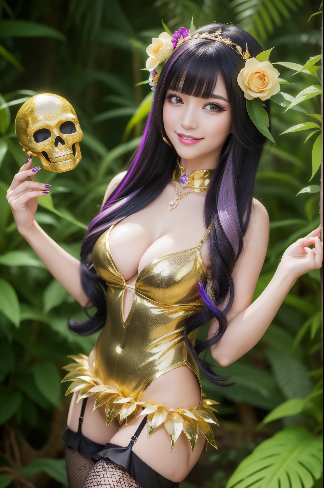 sexy golden princess who controls poison、beautiful smile、lipgloss、long lashes、smokey eye-makeup、look at the camera、full body Esbian、、sparkling poisoned flower costume、、、、shiny sparkling multicolor hair、secrete poison、skull hair accessories、fishnet tights、shiny sparkling dark magic forest background