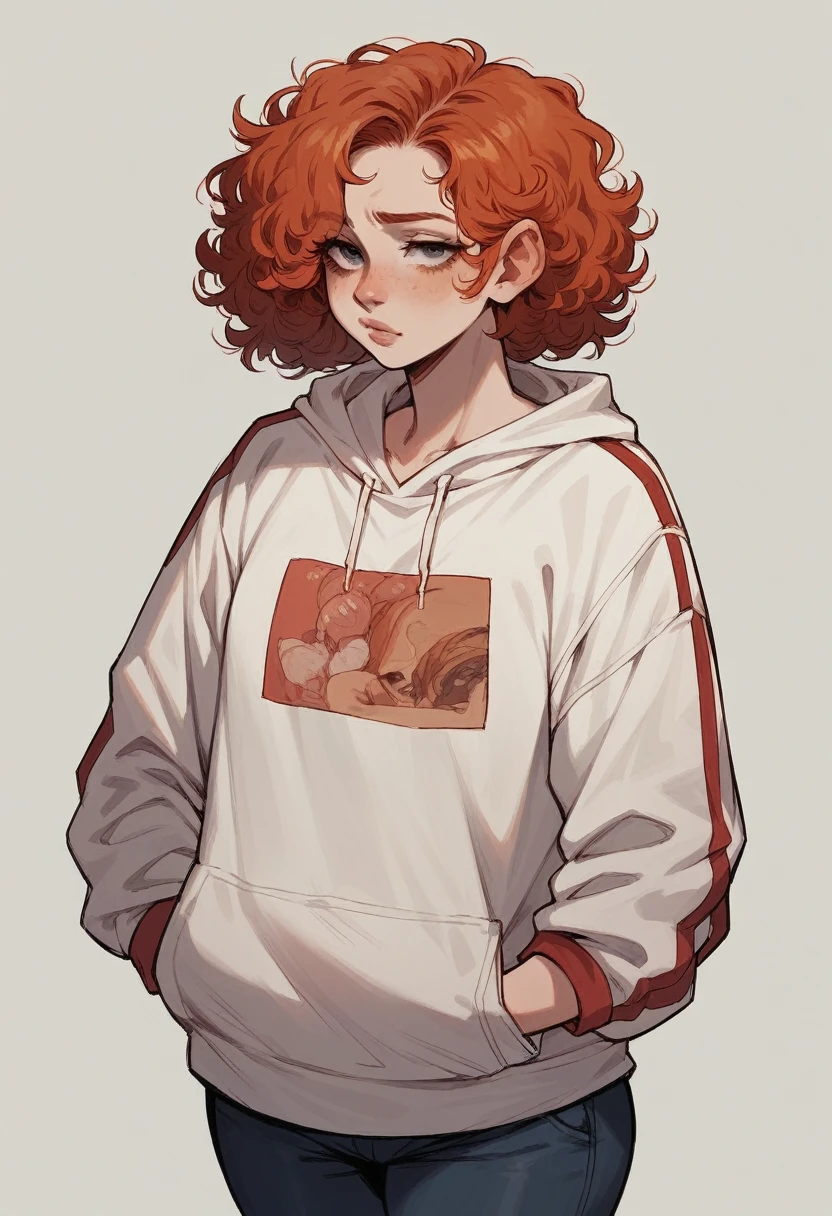 woman, redhead hair, curly hair, with sweatshirt pink, pale skin, white skin, pawg