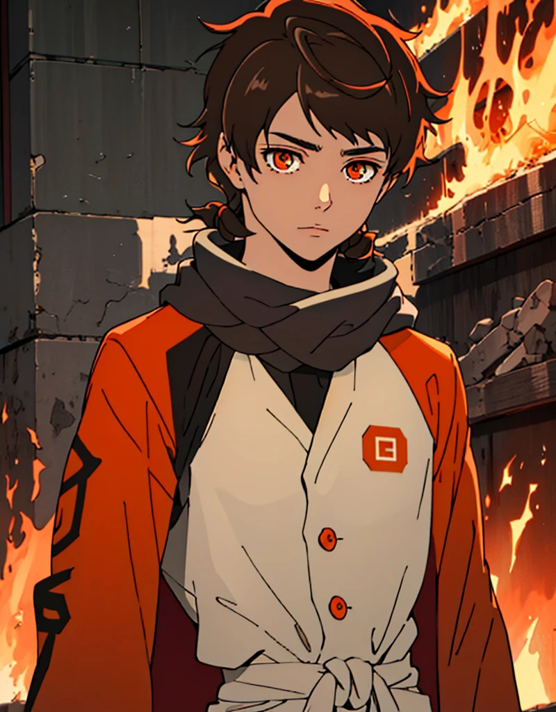 Masterpiece, Best quality, high quality, 1 man, 20 years old, One, athletic body and white skin, male focus, Looking at the viewer, upper body, long brown hair (tied hair) and long bangs, orange eyes, black closed coat with blood drops, fire and water mania around it