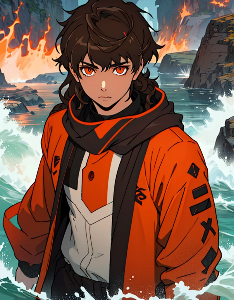 Masterpiece, Best quality, high quality, 1 man, 20 years old, One, athletic body and white skin, male focus, Looking at the viewer, upper body, long brown hair (tied hair) and long bangs, orange eyes, black closed coat with blood drops, fire and water mania around it