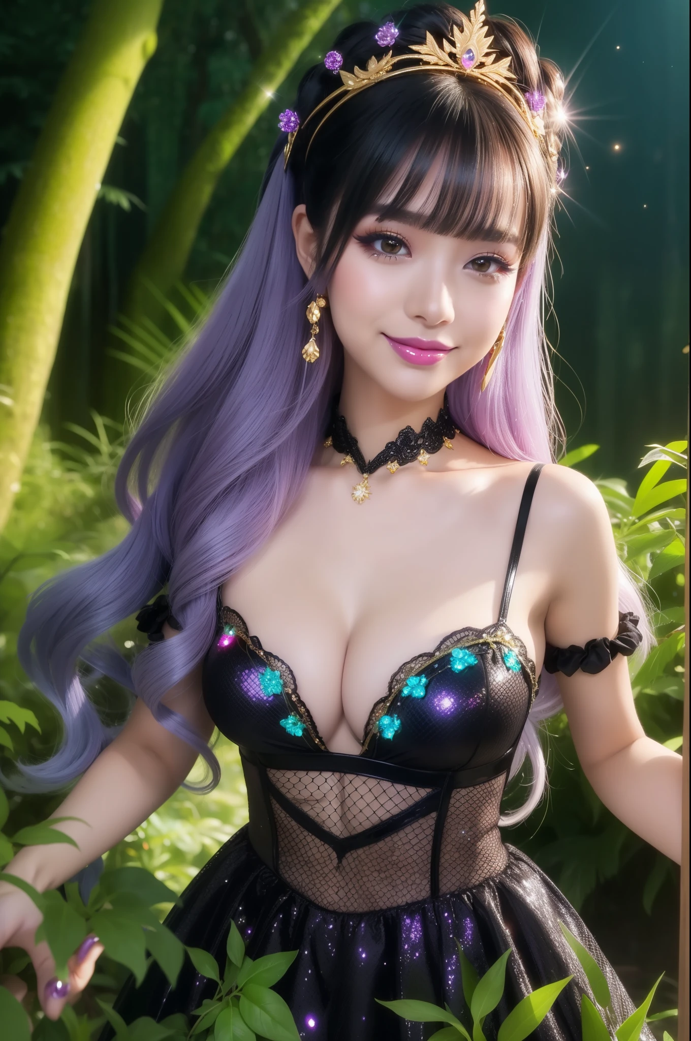 sexy golden princess who controls poison、beautiful smile、lipgloss、long lashes、smokey eye-makeup、look at the camera、full body Esbian、、sparkling poisoned flower costume、、、、shiny sparkling multicolor hair、secrete poison、skull hair accessories、fishnet tights、shiny sparkling dark magic forest background