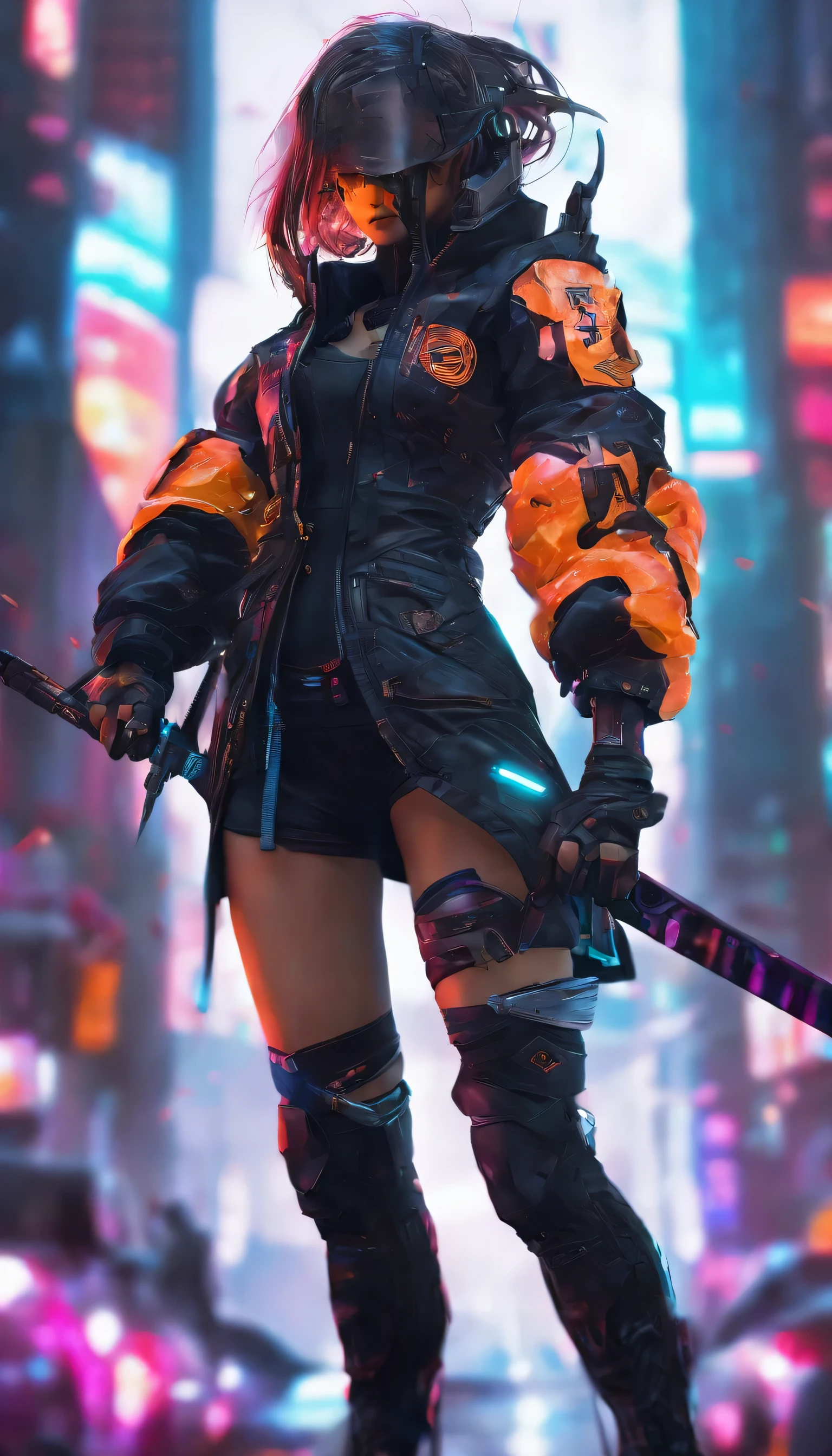 Sateen，the night，ember，Smile mask，coat large，Fighting posture，holding gun. Hyperrealistic version of a woman kneeling down with a sword in her hand, very beautiful cyberpunk samurai, anime cyberpunk art, cyberpunk samurai, cyberpunk anime art, anime cyberpunk, cgsociety 9, digital cyberpunk anime art, style of maciej kuciara.1girl, samurai armor, helmet oni evil mask,intricate, ornaments detailed, cold colors, metal, egypician detail, highly intricate details, realistic light, trending on cgsociety, glowing eyes, facing camera, neon details, ultra realistic details, portrait full body, japanese atmosphere, global illumination, shadows, octane render, 8k, ultra sharp.cool lolita. Noct.Co    —  cydroidz in black with orange and piink & pseudo kanji - Full body modeltic Ninjacybord
http://instagram.com/noct.co
https://noct-merch.printify.me/products
