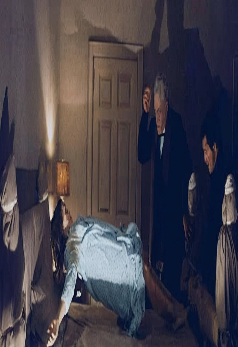 The girl Regan levitates above his bed, with a demonic expression, while priests recite prayers with raised crosses. The room is in chaos, with objects floating and lights flashing. The scene is intense and dramatic.