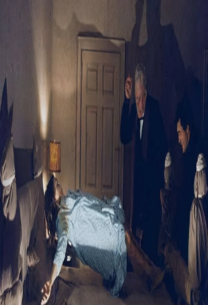 The girl Regan levitates above his bed, with a demonic expression, while priests recite prayers with raised crosses. The room is in chaos, with objects floating and lights flashing. The scene is intense and dramatic.
