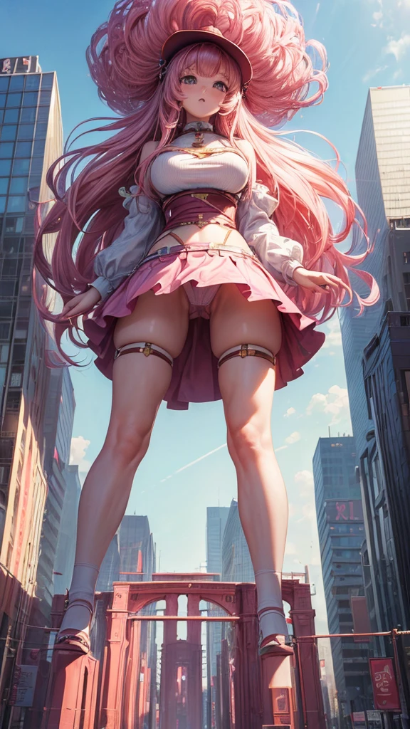 (masterpiece, highest quality, ultra high res, ultra detailed:1.3), 1 (gigant) girl, pink medium hair, small breast, (15m tall:1.7), from below, mini skirt, panties visible, outdoors, miniature city,