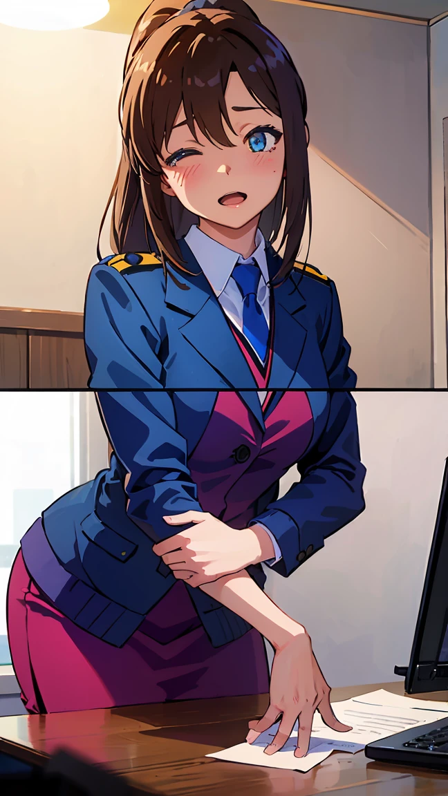 an1, brown eyes, ponytail, 
BREAK (police uniform, jacket, pencil skirt, blue necktie:1.2),
BREAK bedroom, looking at you, closed eyes, screaming, blush,
BREAK (masterpiece:1.2), best quality, high resolution, unity 8k wallpaper, (illustration:0.8), (beautiful detailed eyes:1.6), extremely detailed face, perfect lighting, extremely detailed CG, (perfect hands, perfect anatomy),