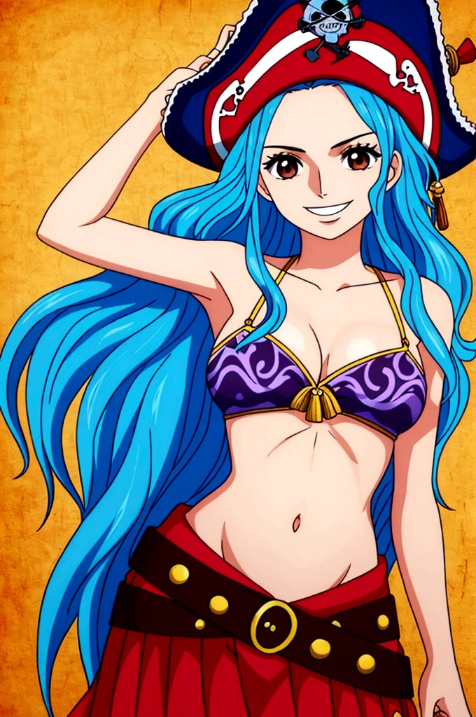 nami from one piece with very long blue hair and very red eyes with water powers