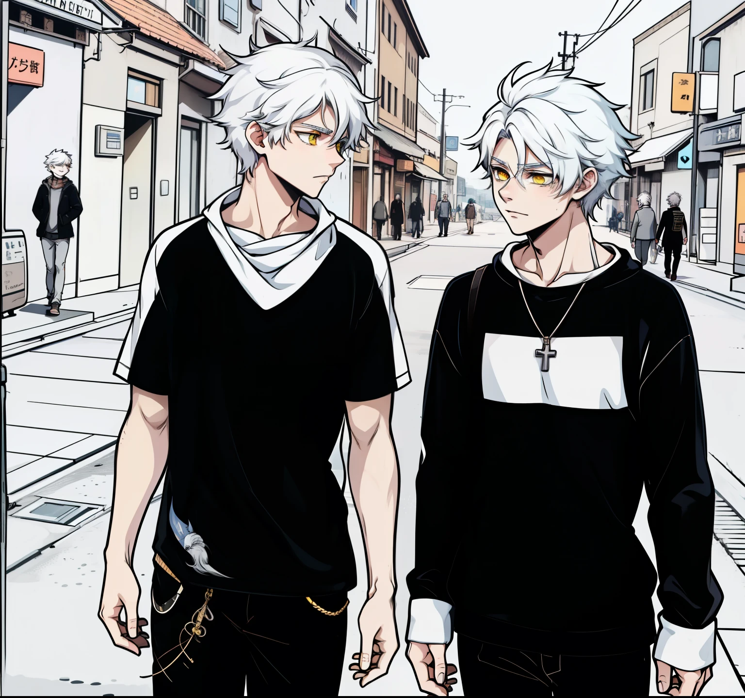 They are talking happily. There are two boys with white hair, 18 years old, they have yellow eyes. They are talking and walking through the streets of a town.
