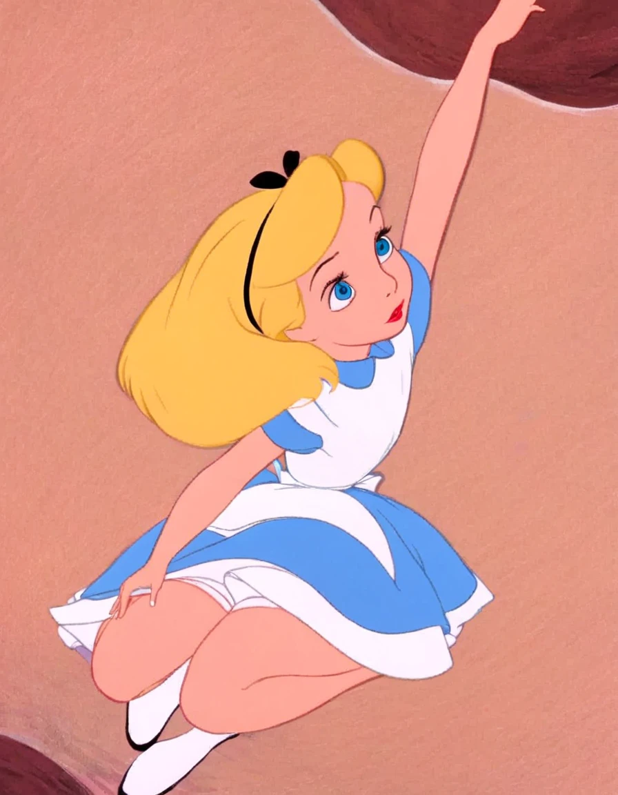 wxaliwonlan, 1girl, solo, long hair, blue eyes, blonde hair, alice (alice in wonderland), disney cartoon, masterpiece, best quality, upskirt view, full view, white panties, windy upskirt, looking down
