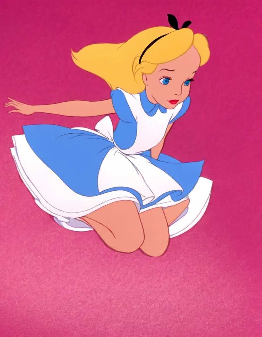 wxaliwonlan, 1girl, solo, long hair, blue eyes, blonde hair, alice (alice in wonderland), disney cartoon, masterpiece, best quality, upskirt view, full view, white panties, windy upskirt, looking down 