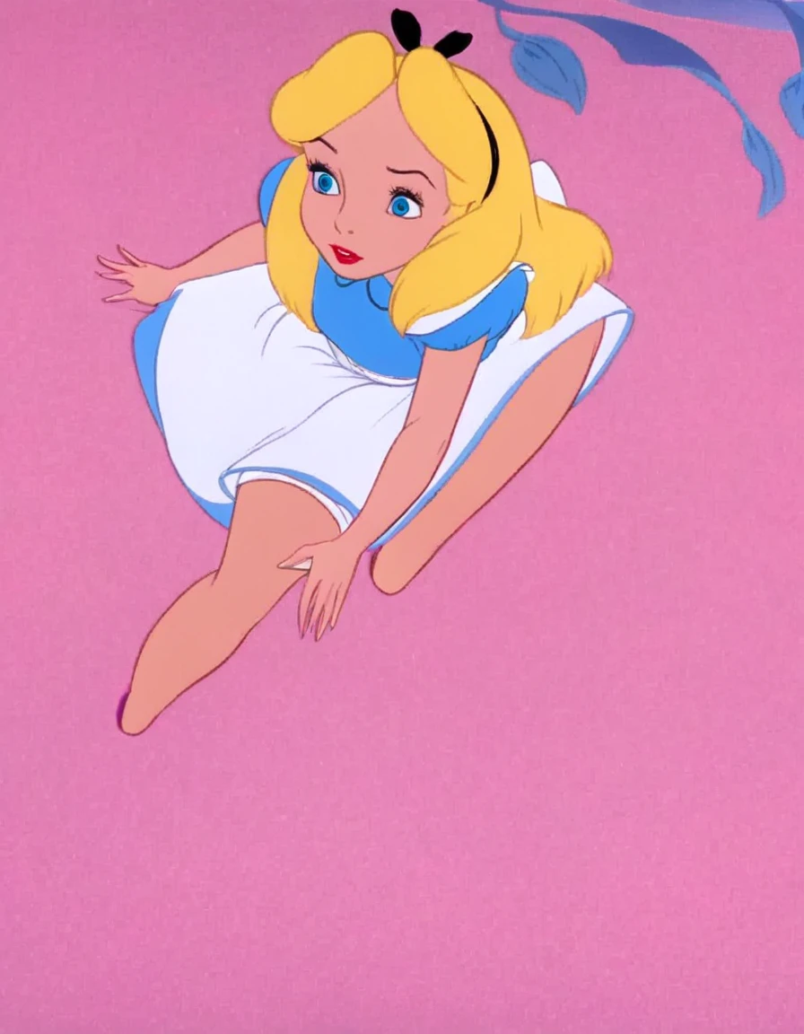 wxaliwonlan, 1girl, solo, long hair, blue eyes, blonde hair, alice (alice in wonderland), disney cartoon, masterpiece, best quality, upskirt view, full view, white panties, windy upskirt, looking down 