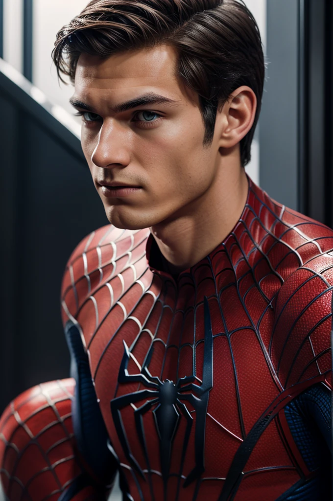 A photograph of spider man, no mask, 20 yo, handsome, detailed face, looking at camera, portrait, 8k uhd, high quality