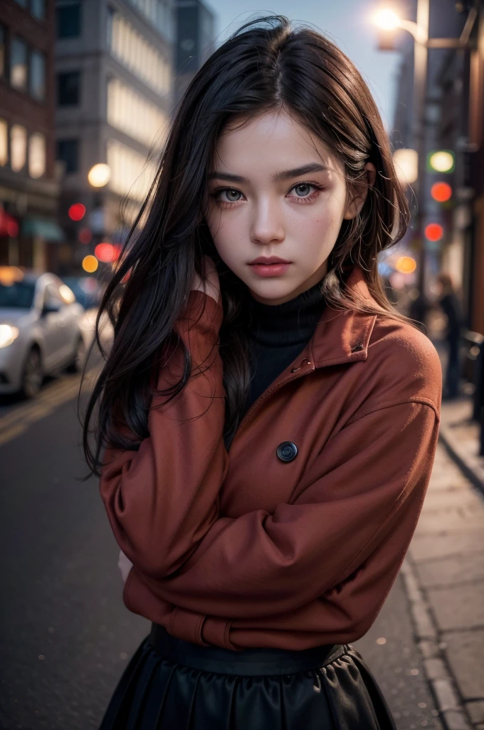 a detailed portrait of a beautiful young woman with striking eyes, perfect lips, and long eyelashes, wearing a black skirt and red coat, standing in a city street with her arms behind her back, (best quality,4k,8k,highres,masterpiece:1.2),ultra-detailed,(realistic,photorealistic,photo-realistic:1.37),digital painting,city scene,street,cityscape,detailed facial features,intricate details,dramatic lighting,cinematic composition,vivid colors,warm color palette,chiaroscuro,girl,beautiful girl,woman,young woman,1girl,black skirt,red coat,hands behind back,eye focus,street background