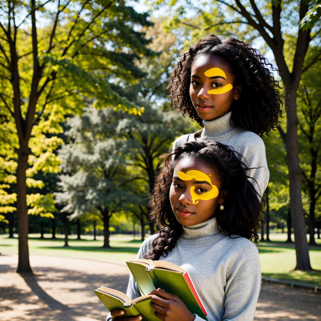 Createa dark-skinned girl holding books in a beautiful park. ((best quality)), ((masterpiece)), (detailed).