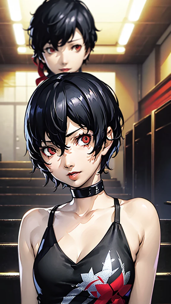 1 girl, very Short hair, tomboy Pixie haircut, black hair, red eyes, lipstick, black choker, face portrait, tank top, shigenori soejima style, perfect art