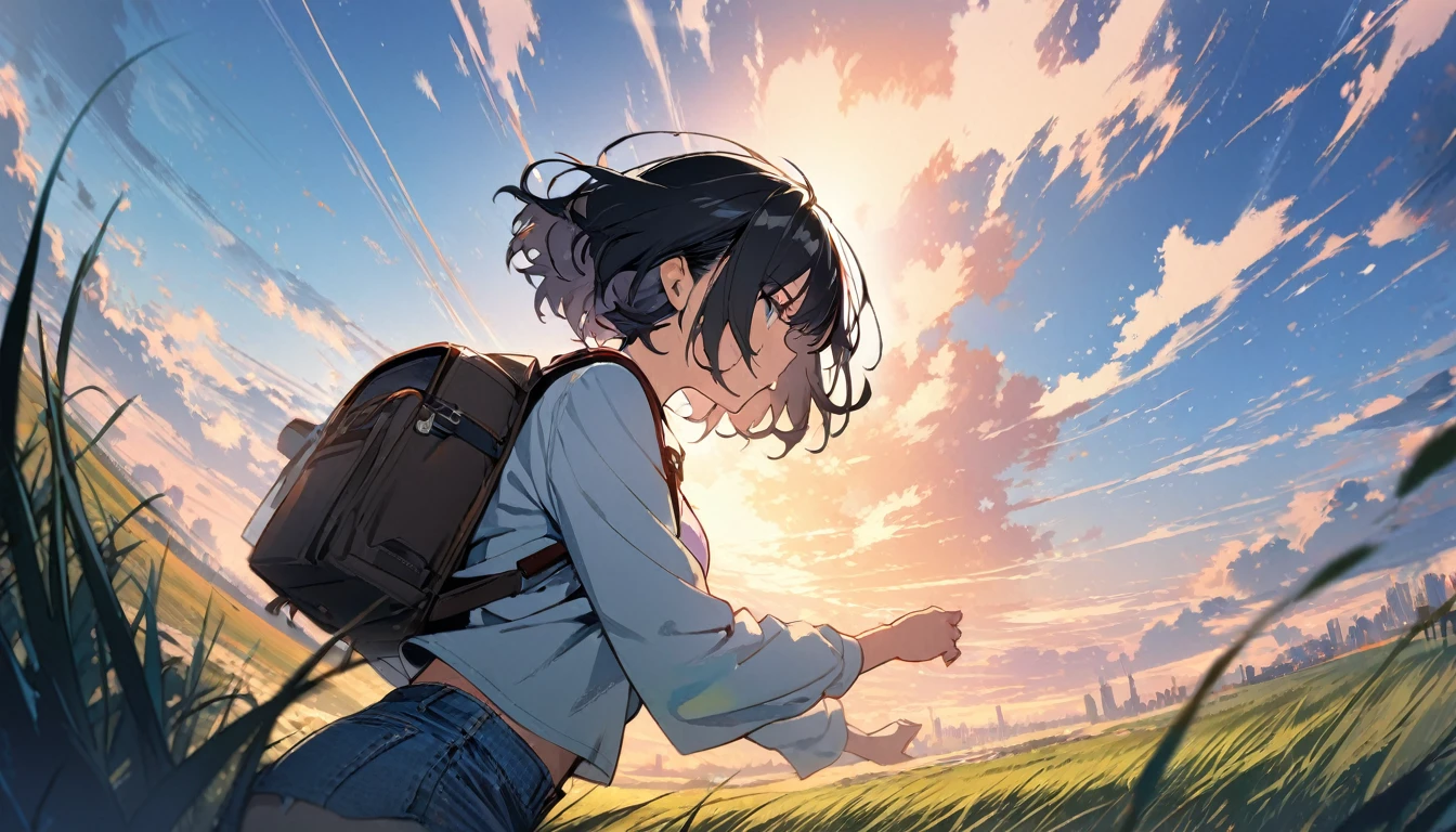 1girl, solo, short hair, black hair, upper body, ((masterpiece, illustration, best quality)) ((best quality)), ((masterpiece)), background: Vast sky, beautiful skyline, large grassland, strong tension and dramatic picture, moving visual effects, hanging North Star, colorful natural light. Long sleeve top, denim shorts, women with backpack on his back.