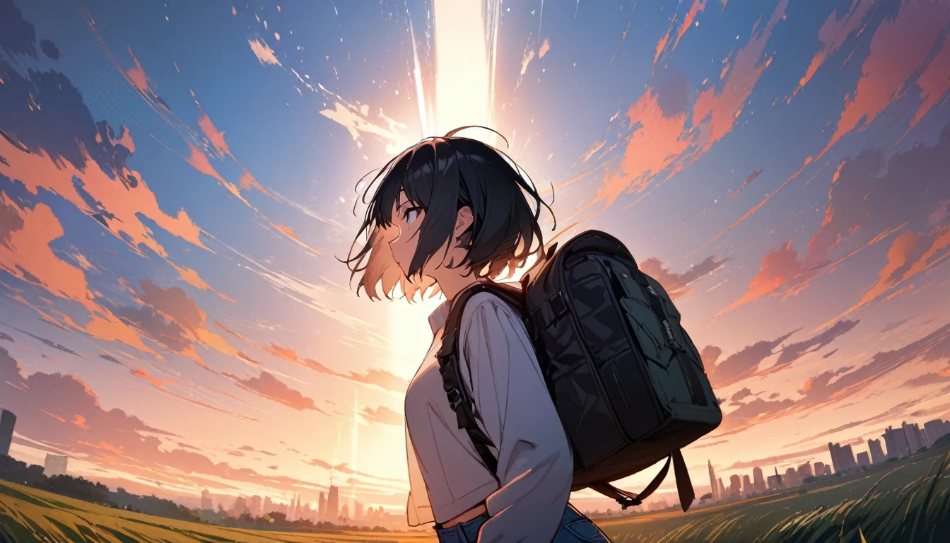 1girl, solo, short hair, black hair, upper body, ((masterpiece, illustration, best quality)) ((best quality)), ((masterpiece)), background: Vast sky, beautiful skyline, large grassland, strong tension and dramatic picture, moving visual effects, hanging North Star, colorful natural light. Long sleeve top, denim shorts, women with backpack on his back.