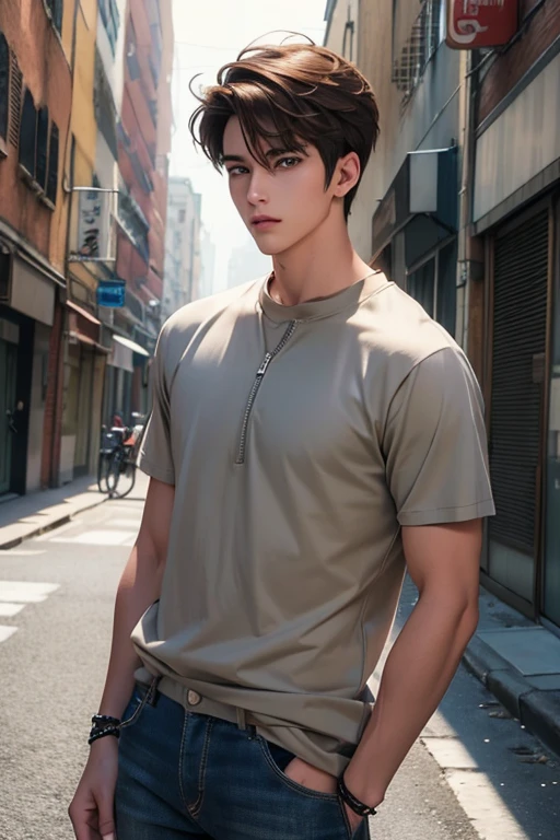 Anime guy, 21 years old, handsome, cuberpunk, neutral expression, with brown hair parted in middle, shoulder lengeth brown hair on right side of face, short brown haor smoothed towards back on the left side of face, yellow eyes, clay grey T-shirt, skinny biker blue jeans unzipped, standing in abandoned city street