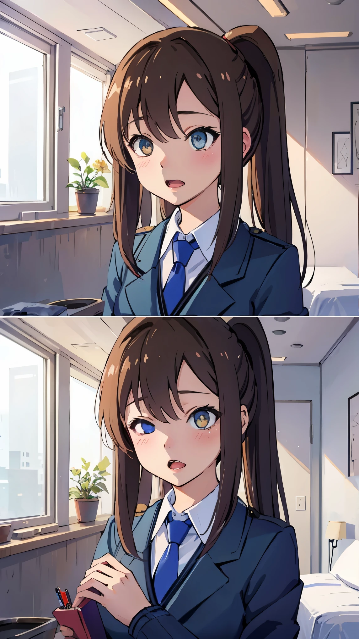 an1, brown eyes, ponytail, 
BREAK (police uniform, jacket, pencil skirt, blue necktie:1.2),
BREAK bedroom, looking at you, closed eyes, screaming, blush,
BREAK (masterpiece:1.2), best quality, high resolution, unity 8k wallpaper, (illustration:0.8), (beautiful detailed eyes:1.6), extremely detailed face, perfect lighting, extremely detailed CG, (perfect hands, perfect anatomy),