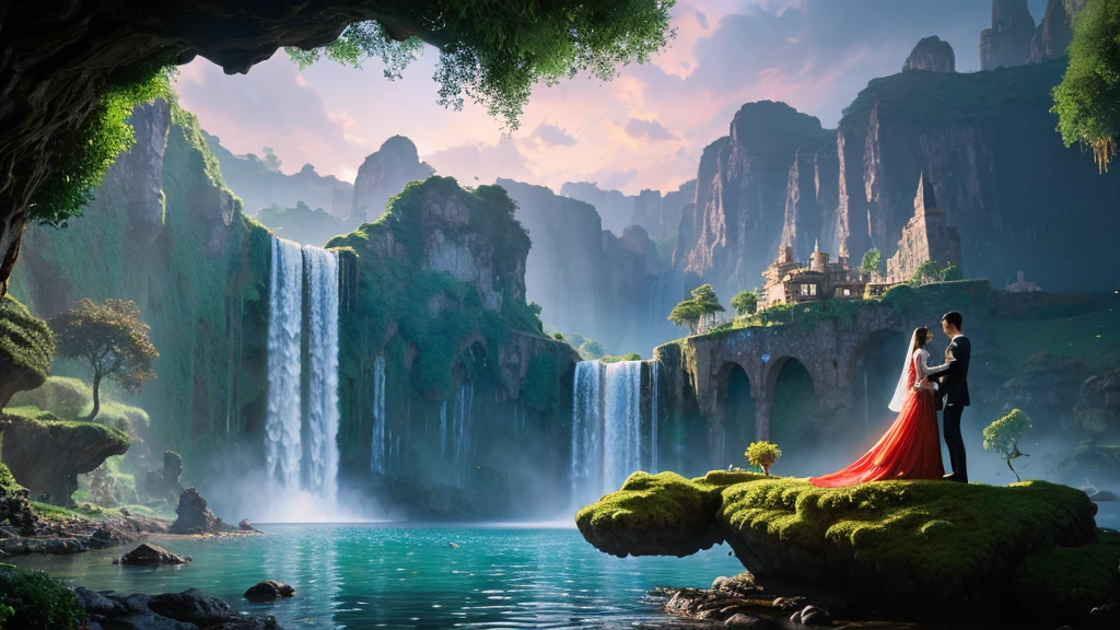 create a hyperrealistic high resolution fantasy art image of a spectacular waterfall as main focus. The waterfall should feature heavily through a scene of floating islands. On one of the main islands, a romantic couple in centre of the frame, beautifully dressed in very elegant attire embrace. Beautiful colors. Beautiful lighting. romantic but fantasy feel. 3D effect. lots of floating hearts. fantasy elements. bright. colorful.