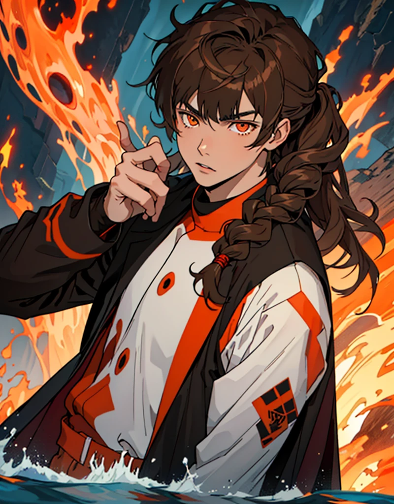 Masterpiece, Best quality, high quality, 1 man, 20 years old, One, athletic body and white skin, male focus, Looking at the viewer, upper body, long brown hair (tied hair) and long bangs, orange eyes, black closed coat with blood drops, fire and water mania around it