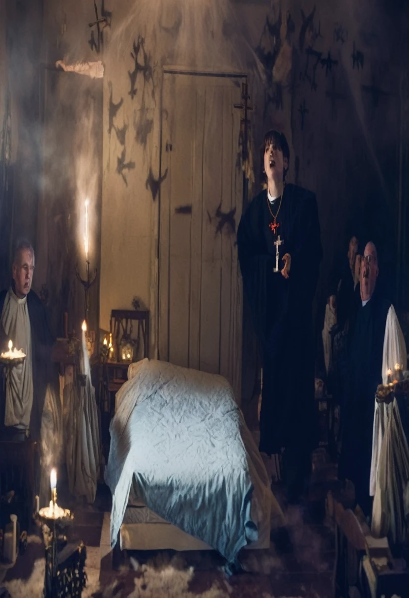 The girl Regan levitates above his bed, with a demonic expression, while priests recite prayers with raised crosses. The room is in chaos, with objects floating and lights flashing. The scene is intense and dramatic.