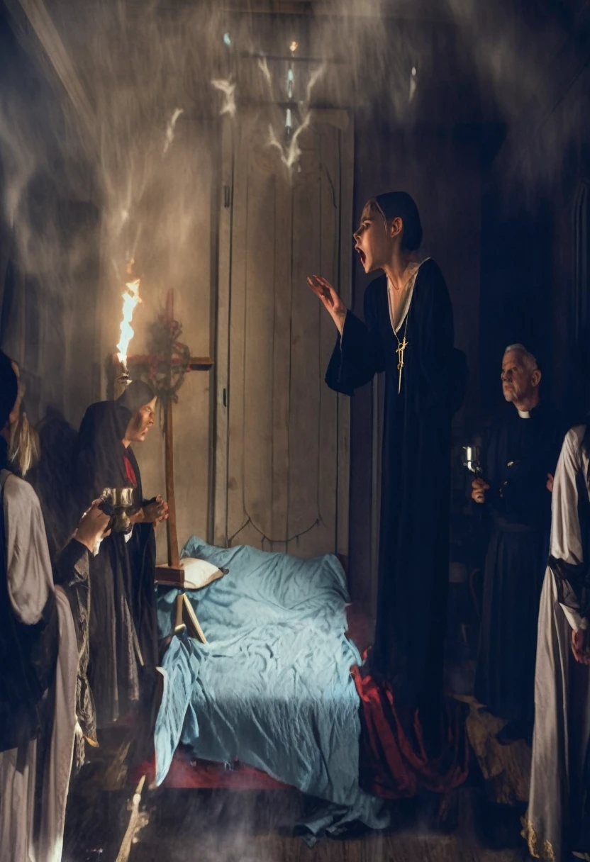 The girl Regan levitates above his bed, with a demonic expression, while priests recite prayers with raised crosses. The room is in chaos, with objects floating and lights flashing. The scene is intense and dramatic.