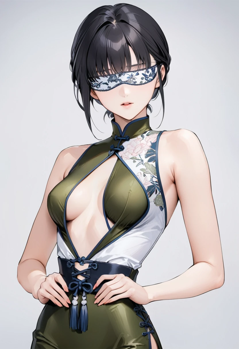 ((Top quality, masterpiece, freak, super resolution)), 1 girl, Japanese model,,Smooth black hair,(Bold lace blindfold wine pattern:1.2),The woman wears a , (push-up bra), designed to provide adequate support and enhance the breasts. China drle baby doll, front: characterized by a high-neck collar, large opening at the chest with a decorative knot in the center, waist fitting with cutouts at the hips, skirt is tight-fitting and contours the hips, color: olive green and white combination, pattern: pink floral embroidery on the white chest area, other parts are plain, back: mostly covered back with cutouts at the waist, continued tight-fitting design similar to the front, high-neck collar extending to the back, color: olive green, pattern: plain, overall: elegant and sexy China dress style dgn.