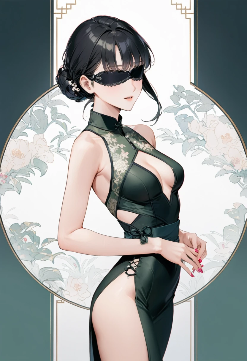 ((Top quality, masterpiece, freak, super resolution)), 1 girl, Japanese model,,Smooth black hair,(Bold lace blindfold with fine pattern:1.2),The woman wears a , (push-up bra), designed to provide adequate support and enhance the breasts. China dress style baby doll, front: characterized by a high-neck collar, large opening at the chest with a decorative knot in the center, waist fitting with cutouts at the hips, skirt is tight-fitting and contours the hips, color: olive green and white combination, pattern: pink floral embroidery on the white chest area, other parts are plain, back: mostly covered back with cutouts at the waist, continued tight-fitting design similar to the front, high-neck collar extending to the back, color: olive green, pattern: plain, overall: elegant and sexy China dress style design.