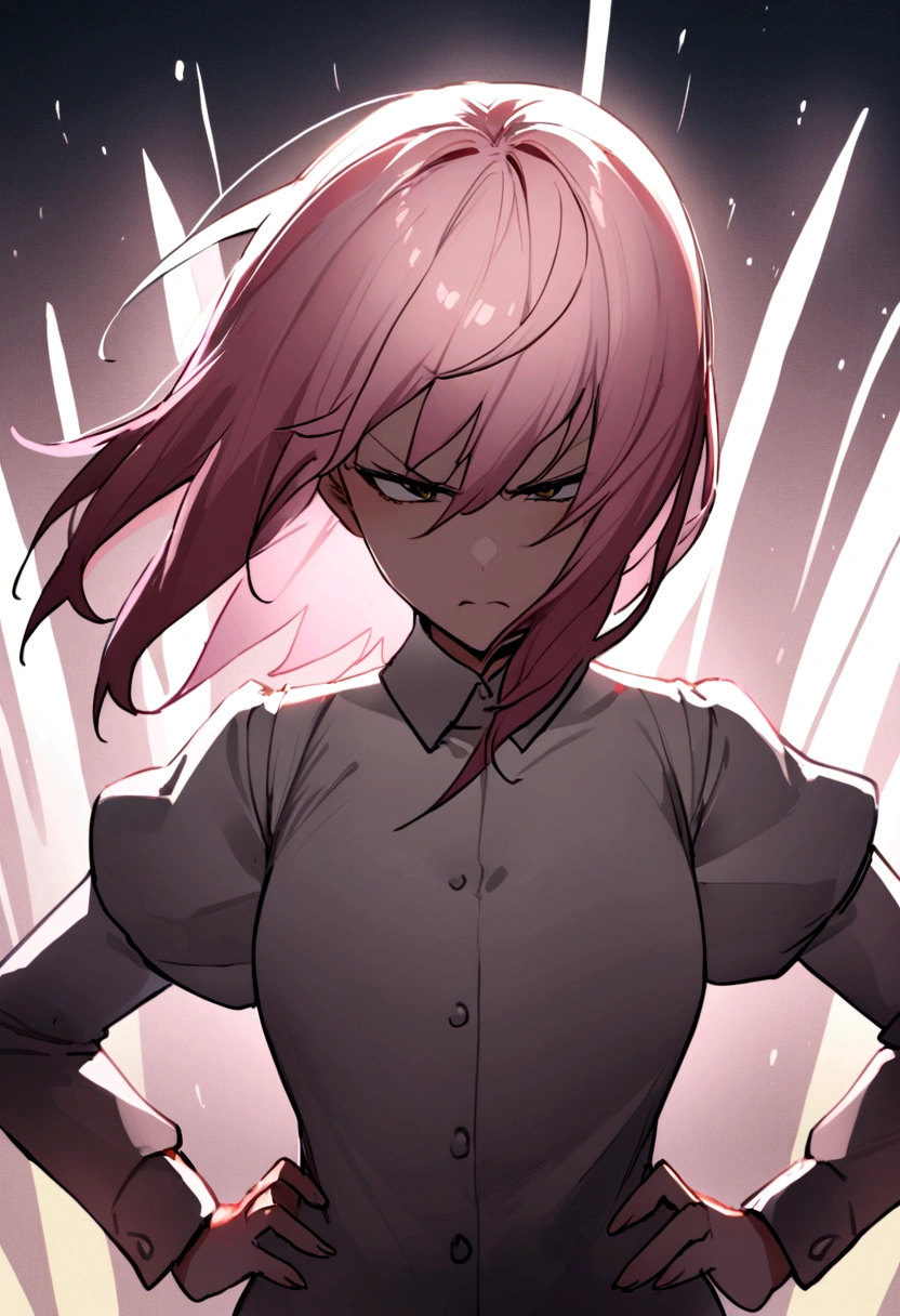 A city girl with pink hair、Middle wind、abuse、Get angry、Hands on hips、Upper body close-up